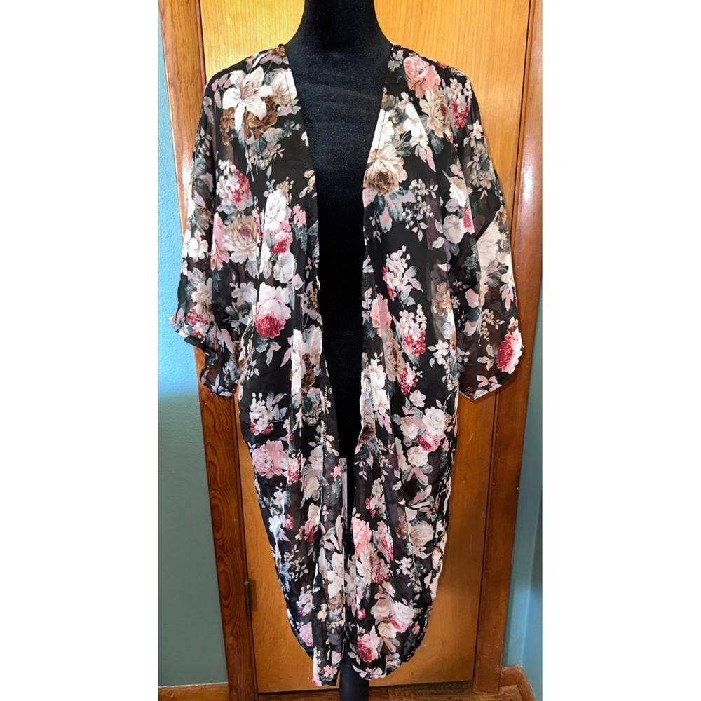 Black‎ Floral Chiffon Kimono Cardigan Cover Up One Size